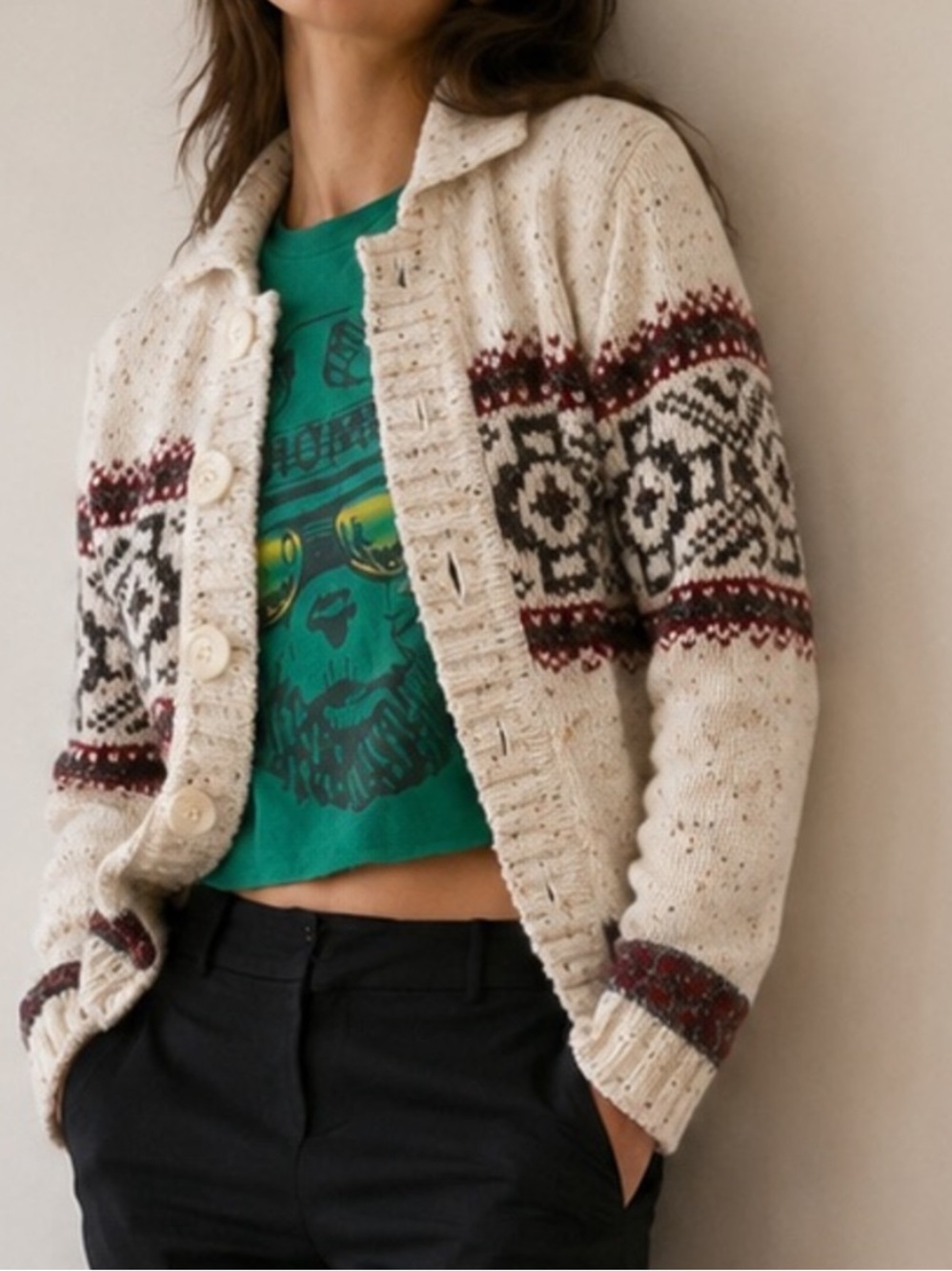 Vintage Dressbarn Nordic Fair Isle Button Down Knit Cardigan Sweater Size Medium